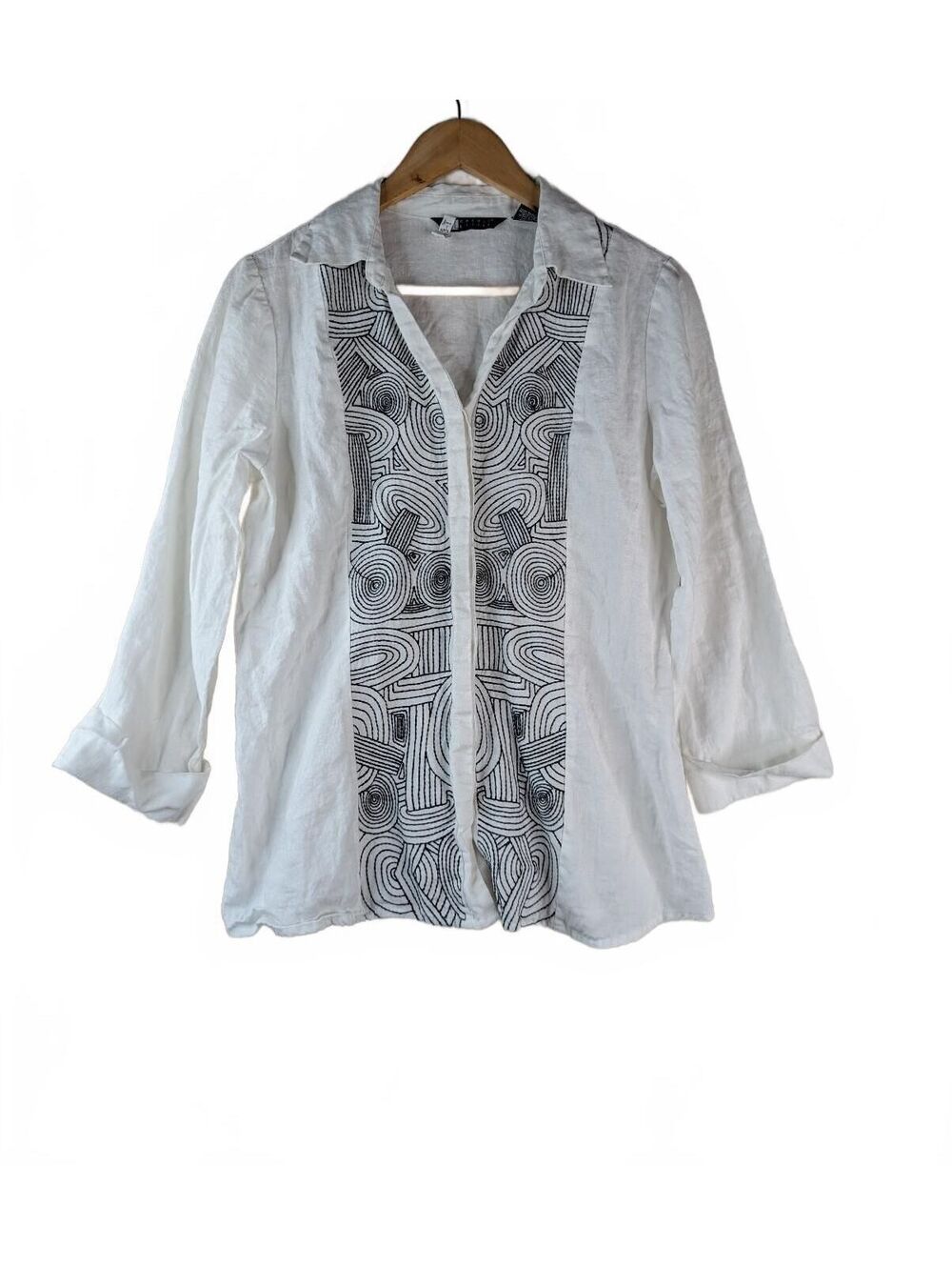 Carole Little White Linen w/Black Embroidered Geometric Print Size Large